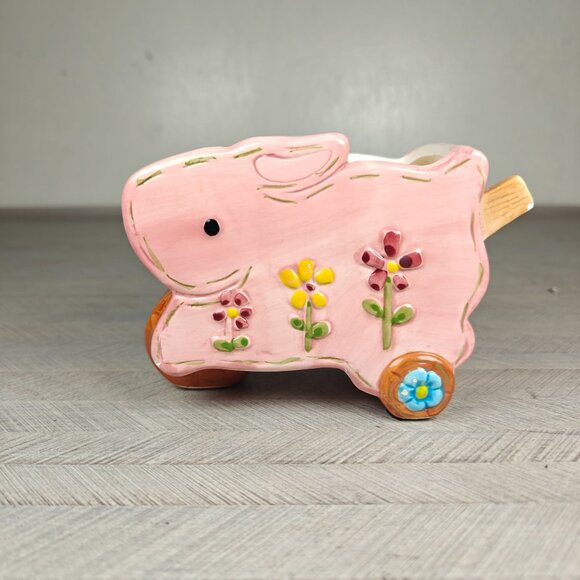 Vintage Ceramic Pink Bunny Wheelbarrow Planter Sponge Holder Floral Design - Picture 4 of 10